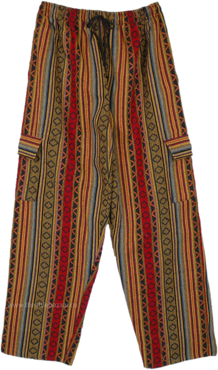 Eastern Bohemian Heavy Cotton Material Unisex Trousers with Unique Geometric Pattern, Unisex Rhombus Stripes Hippie Cargo Winter Pants