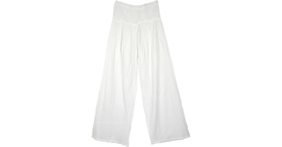 Milk White Cover Up Pants with Smocked Elastic Waist White Split