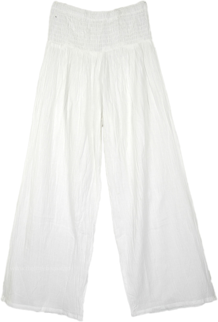 Straight White Palazzo Pants with Shirred Waist, Milk White Cover Up Pants with Smocked Elastic Waist