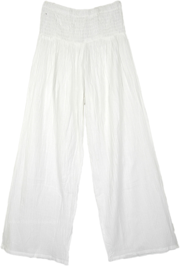 Milk White Cover Up Pants with Smocked Elastic Waist | White | Split ...