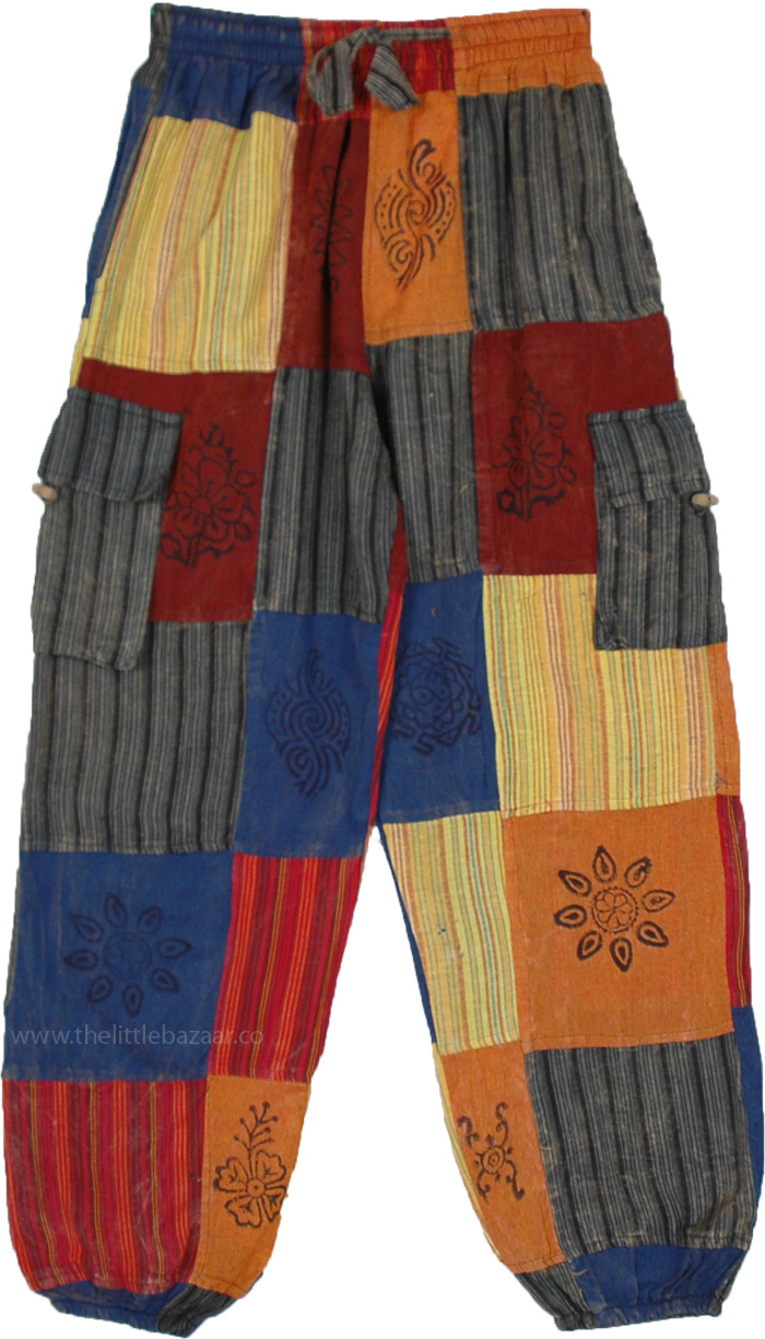 Stonewashed Cotton Striped Patchwork Pants with Hippie Style Stamps, Bright Soul Jaune Patchwork Harem Pants