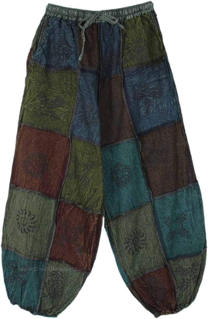 GHERI Mens Patchwork Stone Washed Harem Pants - Baggy Bohemian Yoga Trousers