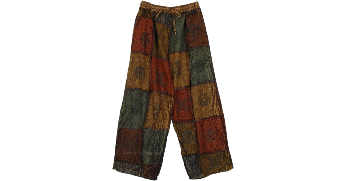 Brown Luster Mixed Patchwork Pants with Flexible Waist | Brown 