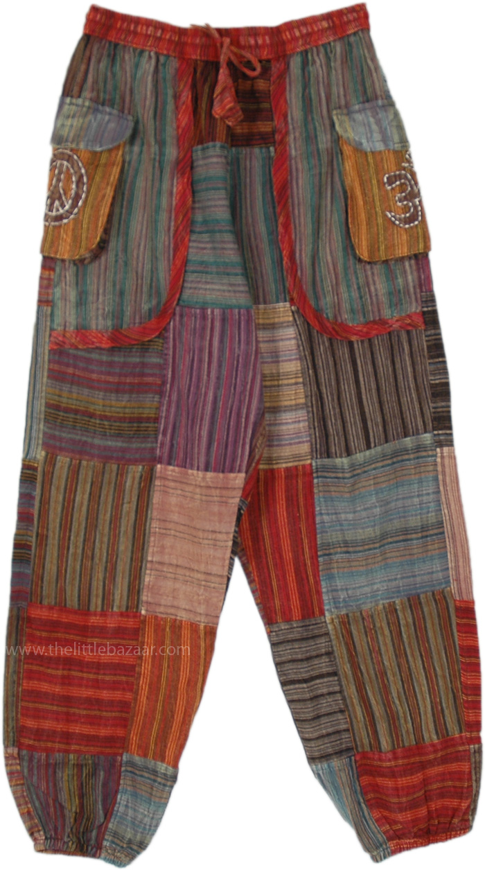 Unisex Yoga Bohemian Harem Pants with Striped Patchwork, Striped Patchwork Hippie Pants with Om and Peace Pockets