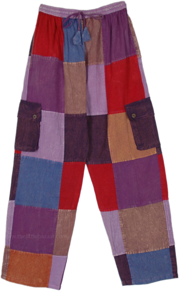 Unisex Comfort Fit Purple Purple Pants in Cotton , Delectable Plum Boho Patchwork Pocket Pants