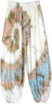 White and Blue Rayon Hippie Summer Pants with Tie Dye Pattern [9722]