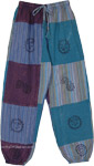 Dark Cotton Striped Patchwork Pants with Hippie Style Stamps [9752]