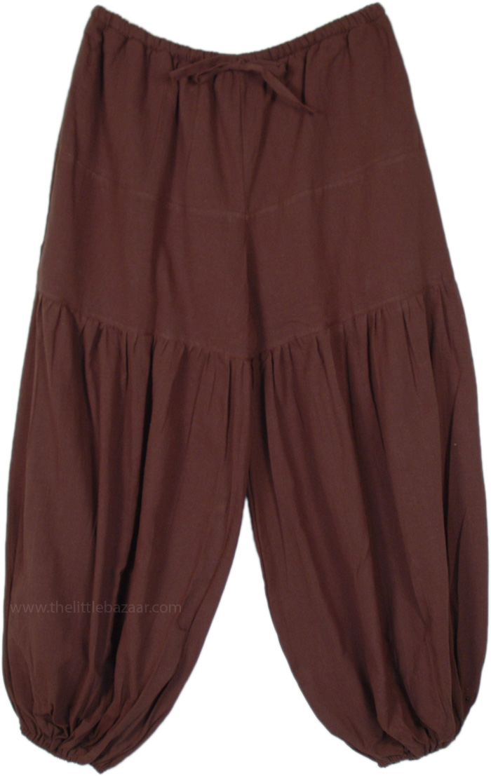 Khadi Cotton Loose Summer Pants with Closed Bottom, Brownie Natural Cotton Wide Harem Trousers
