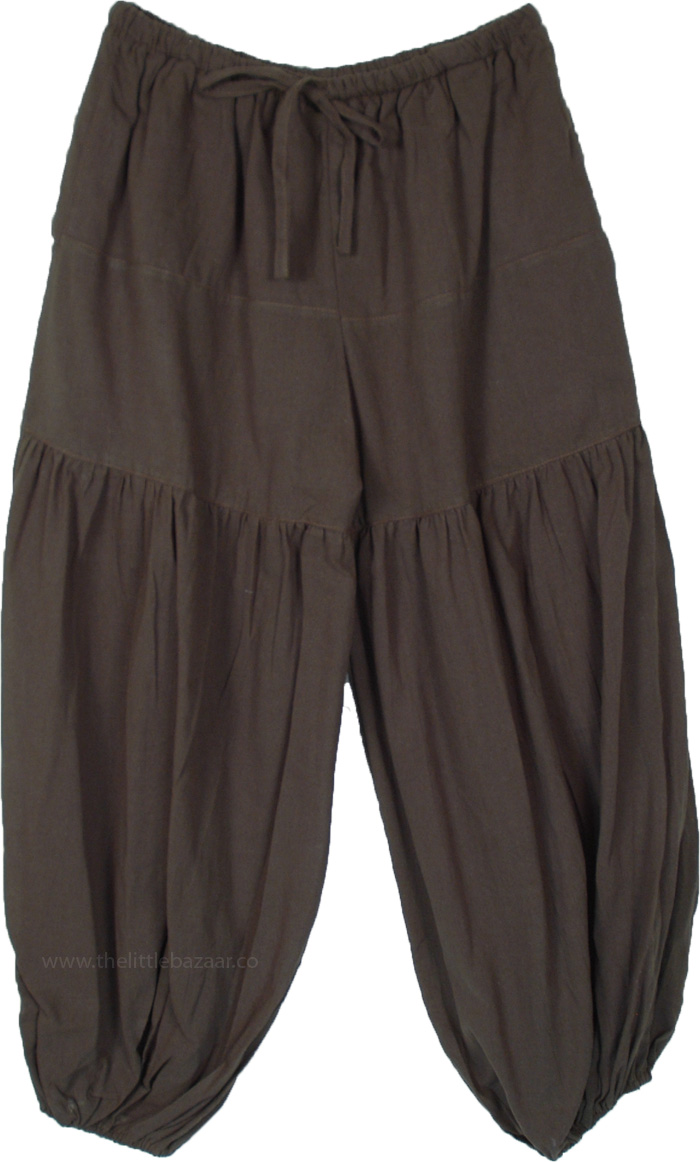 Khadi Cotton Loose Summer Pants with Closed Bottom, Olive Solid Natural Cotton Wide Harem Trousers