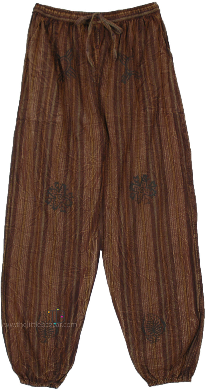 Brown Striped Hippie Harem Pants with Stamps