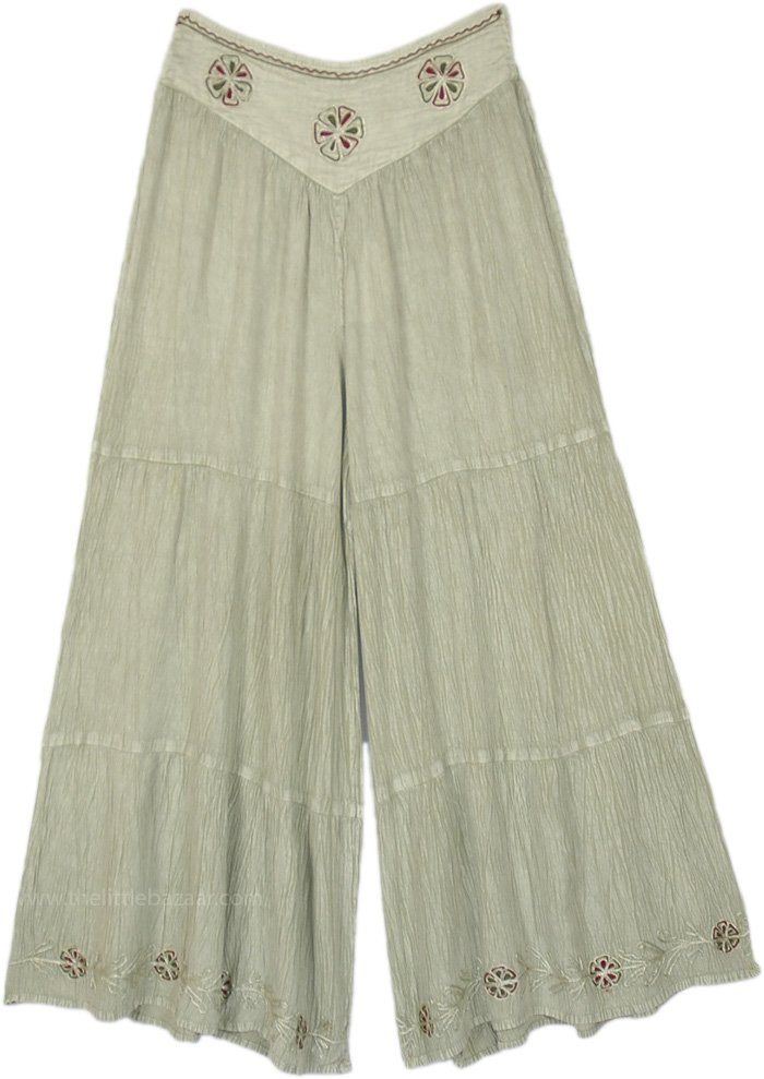Comfy Green Wide Pants with Embroidery, Pistachio Washed Wide Leg Boho Pants