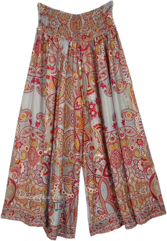 Wide Leg Printed Pants, Soft Printed Wide Leg Palazzo Pants with Smocked Waist