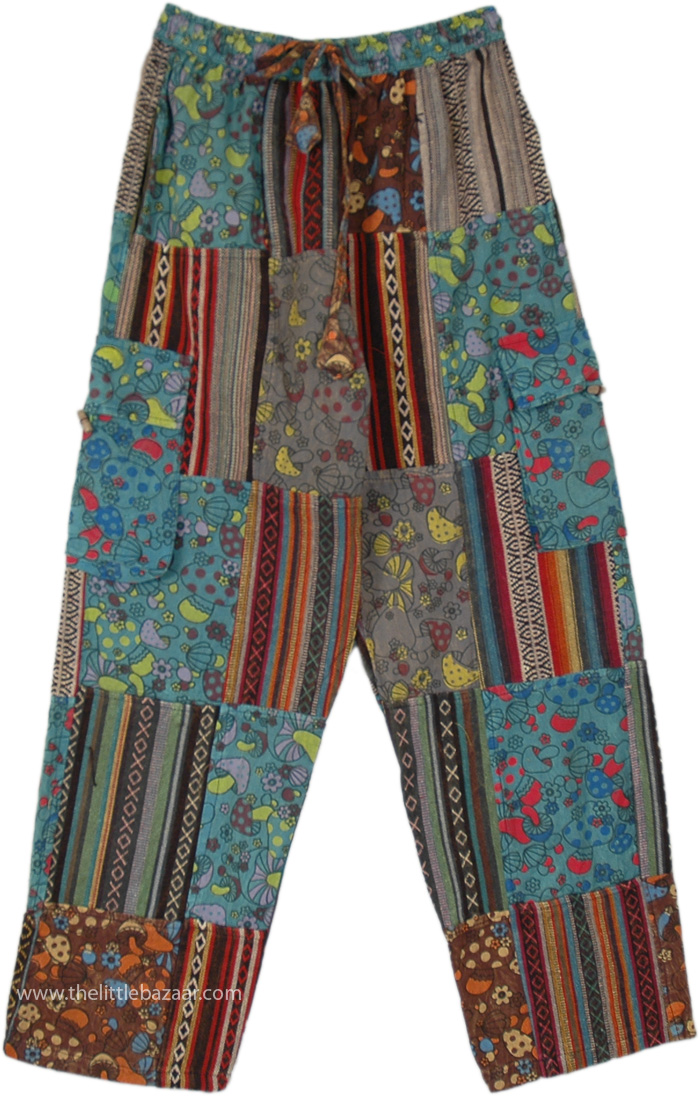 Boho Shroom Pants with Assorted Patchwork and Motifs, Artistic Whimsy Patchwork Hippie Mushroom Pants