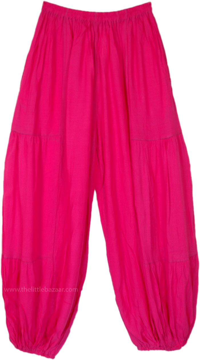 Bohemian Pink Rayon Loose Pants with Elastic Waist, Viva Magenta Gennie Harem Pants