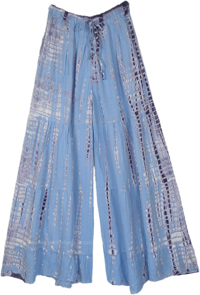 Dark Blue Hippie Tiedye Pants with Drawstring, Coolant Sky Blue TieDye Split Skirt Pants