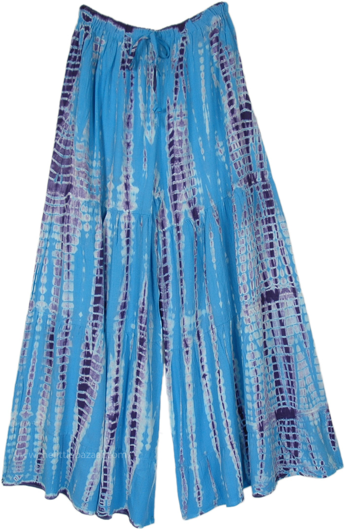 Blue Blue Hippie Tiedye Pants with Drawstring, Deep Wave Blue TieDye Split Skirt Pants