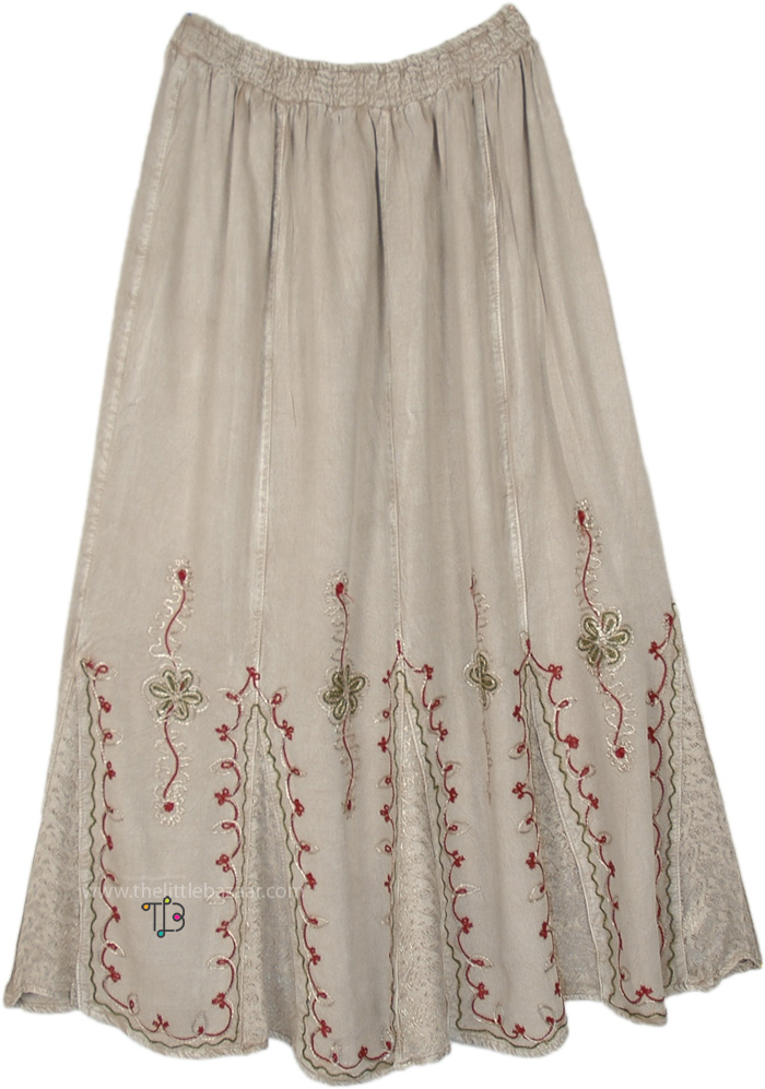 Lucent Beige Floral Embroidery Long Skirt