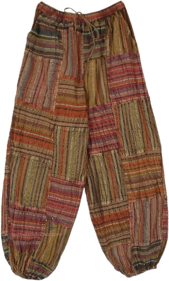 Raspberry Brown Striped Patchwork Harem Pants