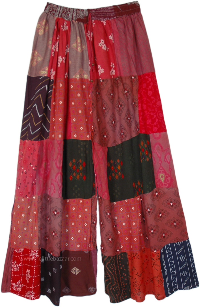 Boho Trousers Rayon Patchwork in Bright Rose Tones, Ruby Blossom Wide Leg Bohemian Patchwork Pants