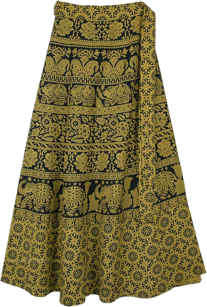 Luxor Gold Wrap Around Skirt with Elephant and Flower Print