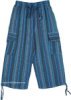 Blue Boho Striped Cotton Cargo Capris with Pockets