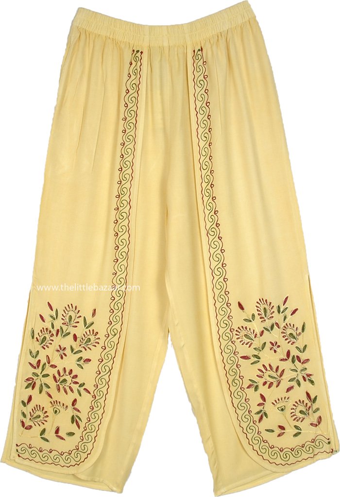 Sunny Yellow Boho Embroidered Slit Pants