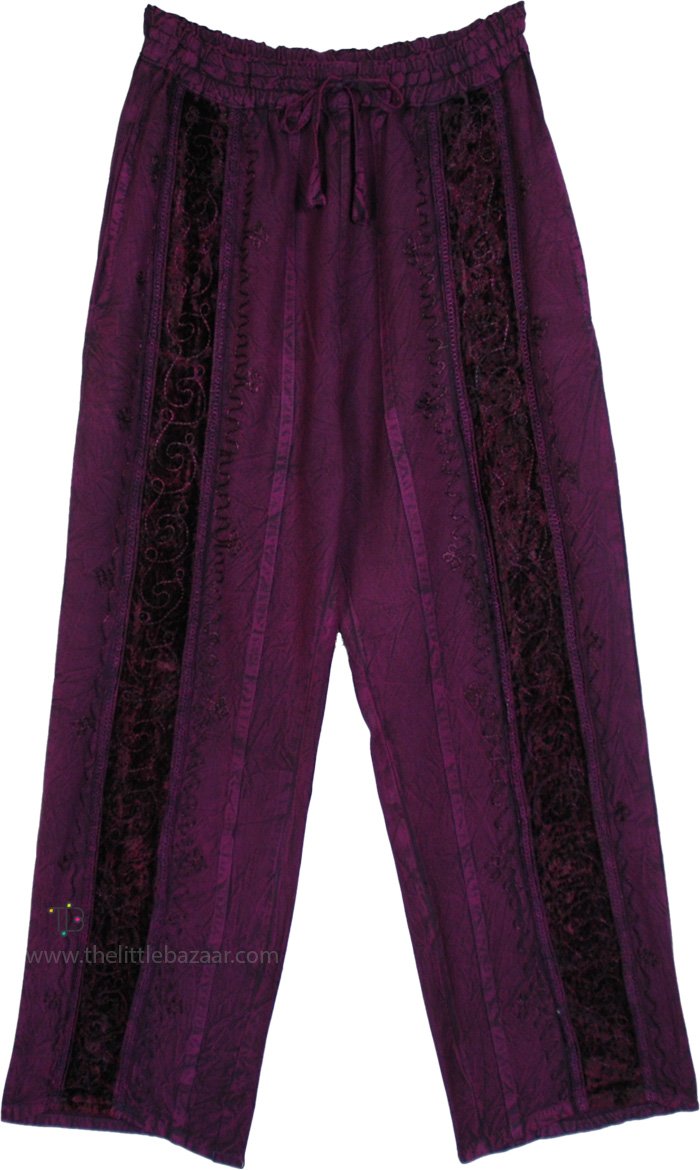 Plum Paradise Velvet Trimmed Embroidered Pants