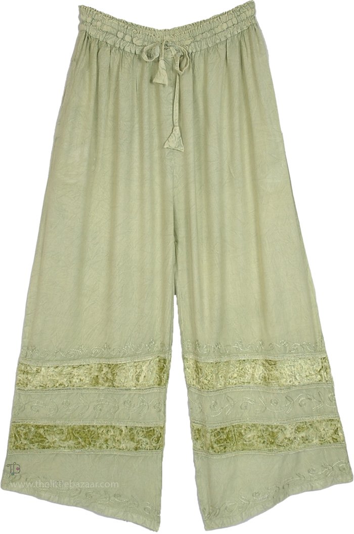 Sage Green Velvet Trim Accent Palazzo Pants