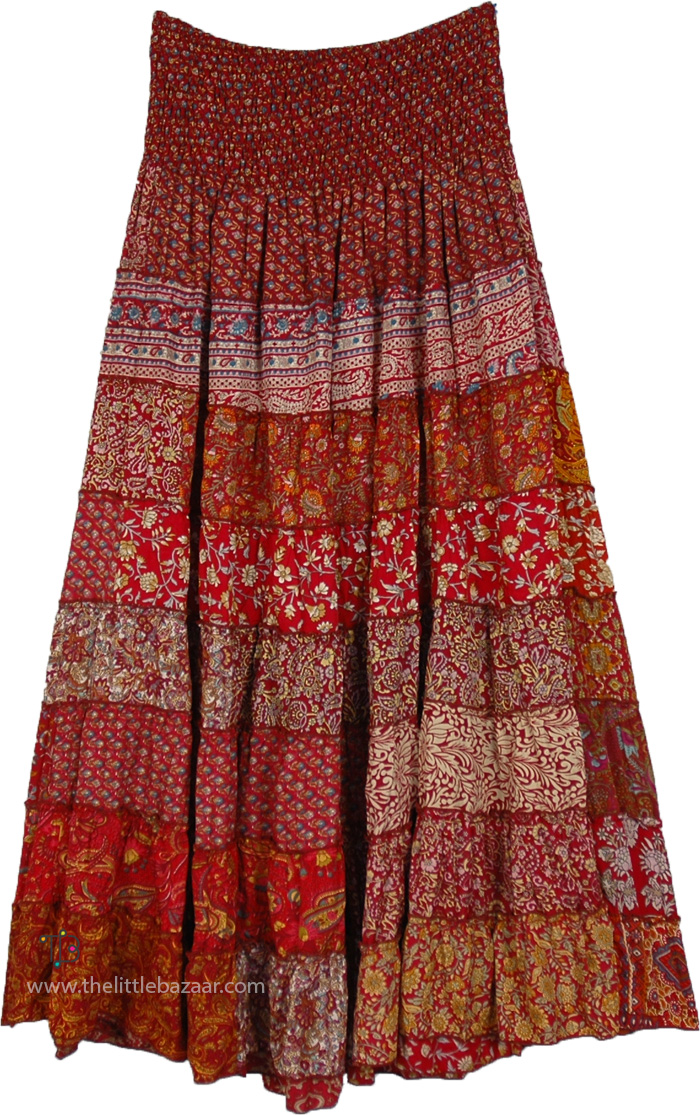 Crimson Paisley Patchwork Eco-Friendly Maxi Skirt Dress