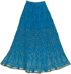 Crinkle Long Summer Skirt in Blue with Golden Print