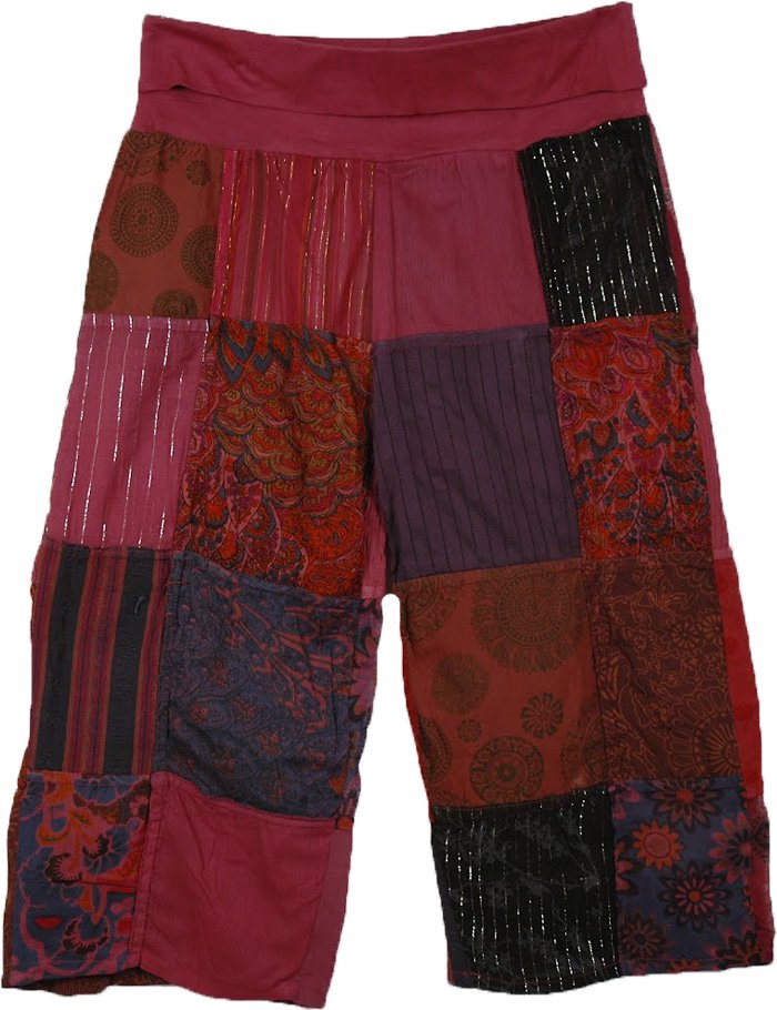 Cotton Yoga Waist Patchwork Capri Short Pants in Hippie Pink 