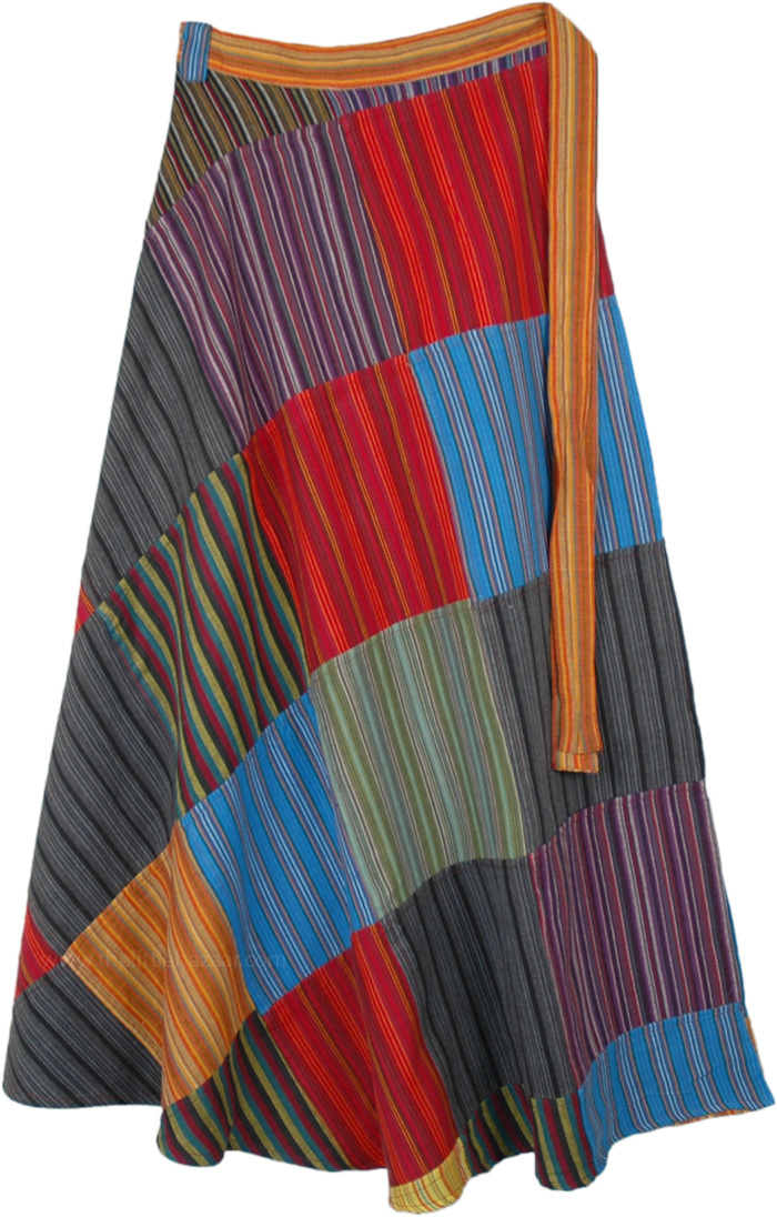 Sale19.99 Siksika Striped Patchwork Wrap Around Cotton Long Skirt