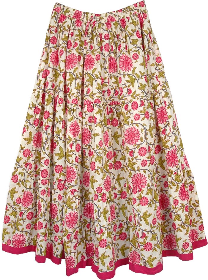 Pink Dahlia Floral White Cotton Skirt For Summers
