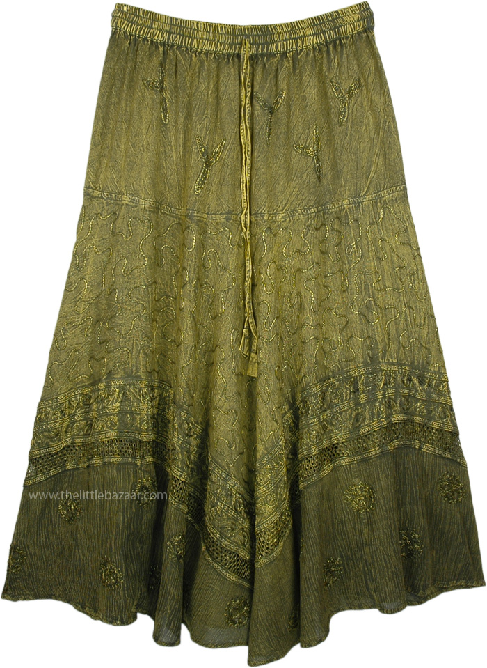 Stonewashed Limed Oak Western Skirt with Embroidery | Green | Patchwork ...