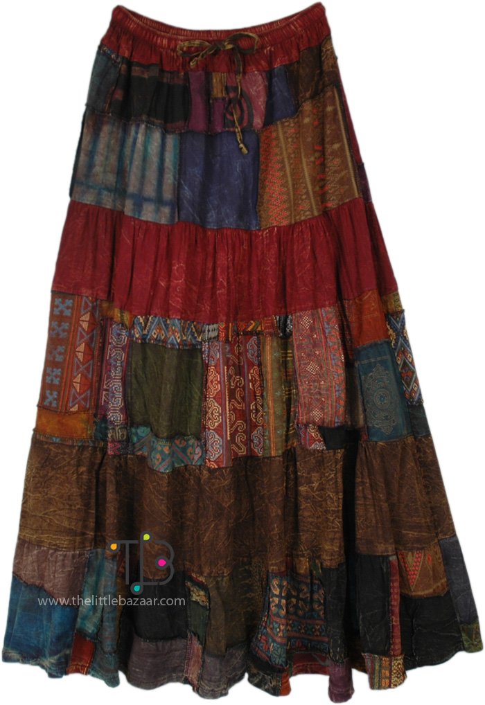 Deep Earth Cotton Patchwork Maxi Skirt