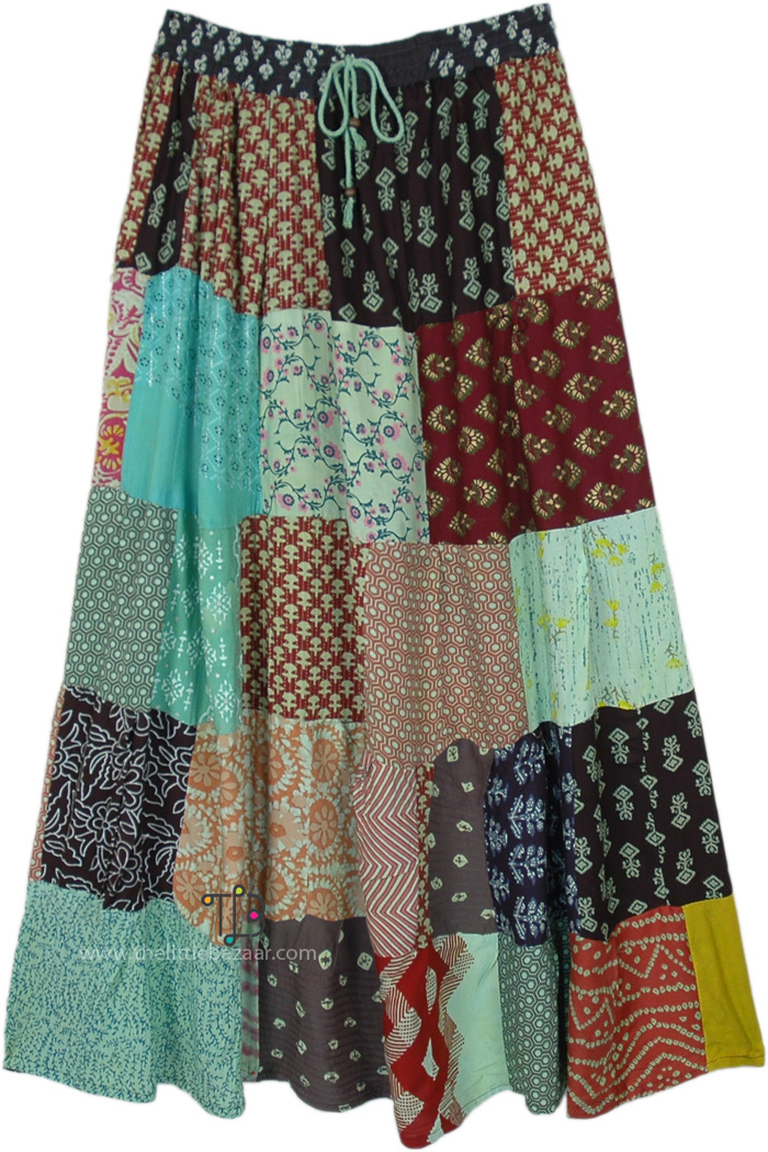 Green Rayon Long Patchwork Boho Skirt