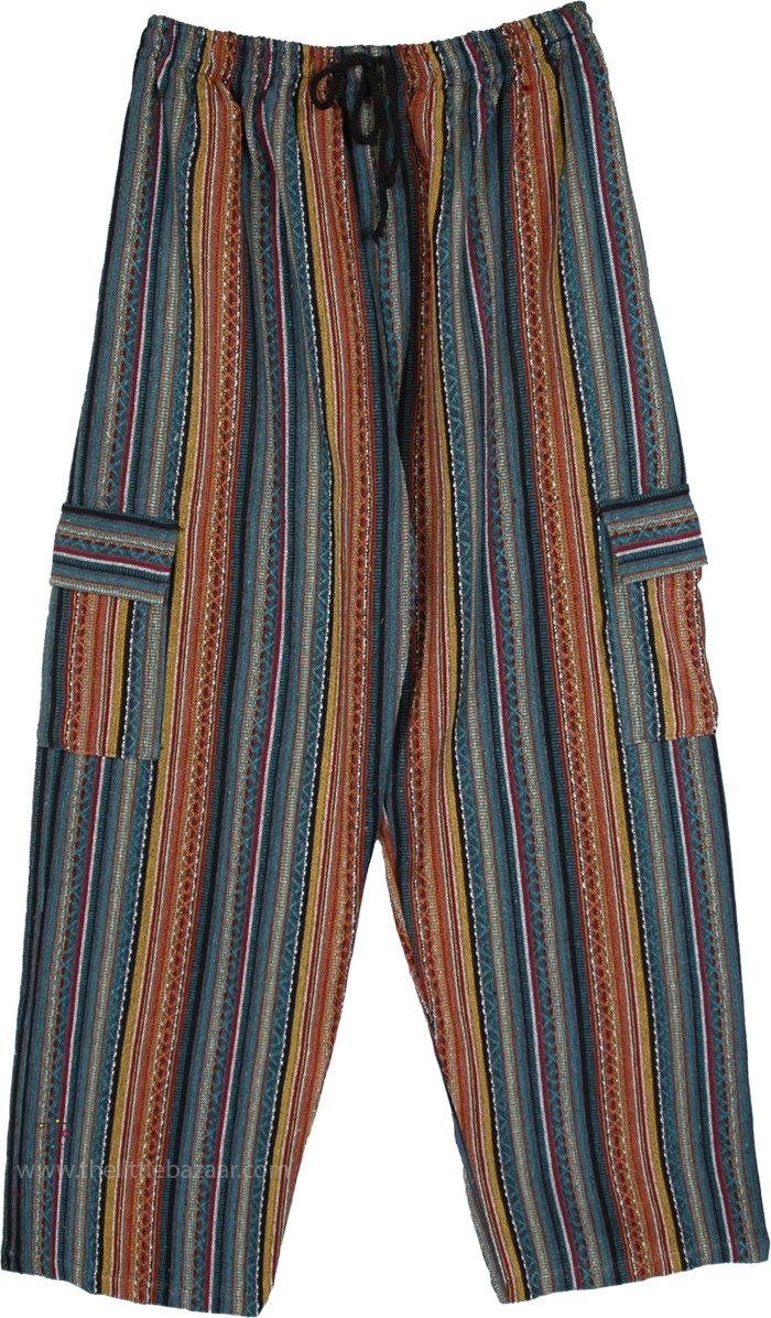 Unisex Rust Teal Stripes Hippie Cargo Winter Pants