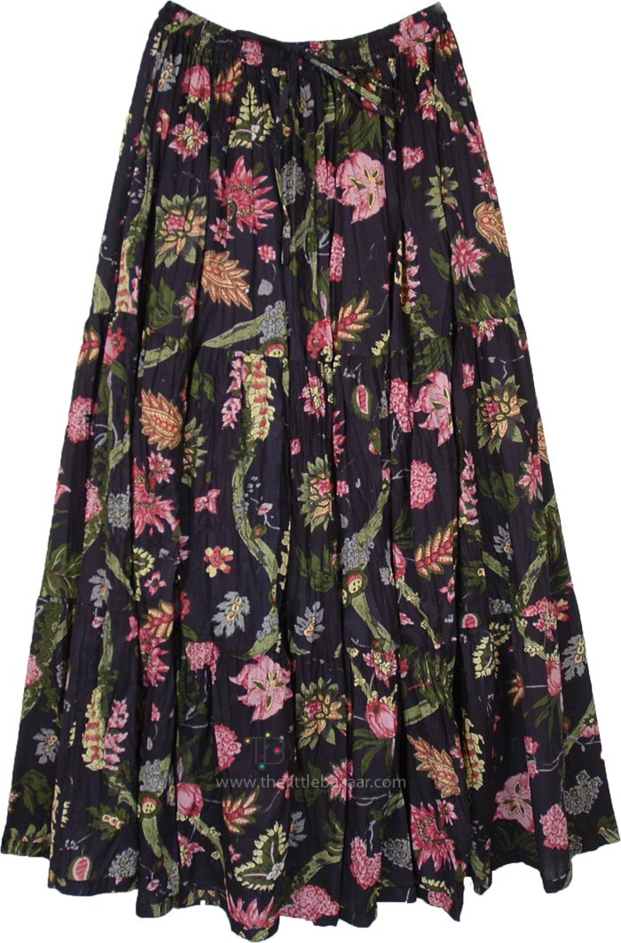Navy Blue Blooms Long Cotton Panel Skirt