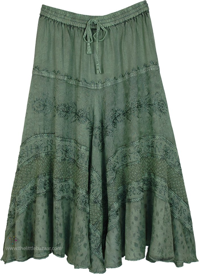 Sage Green Jacquard Fairycore Flowy Long Skirt
