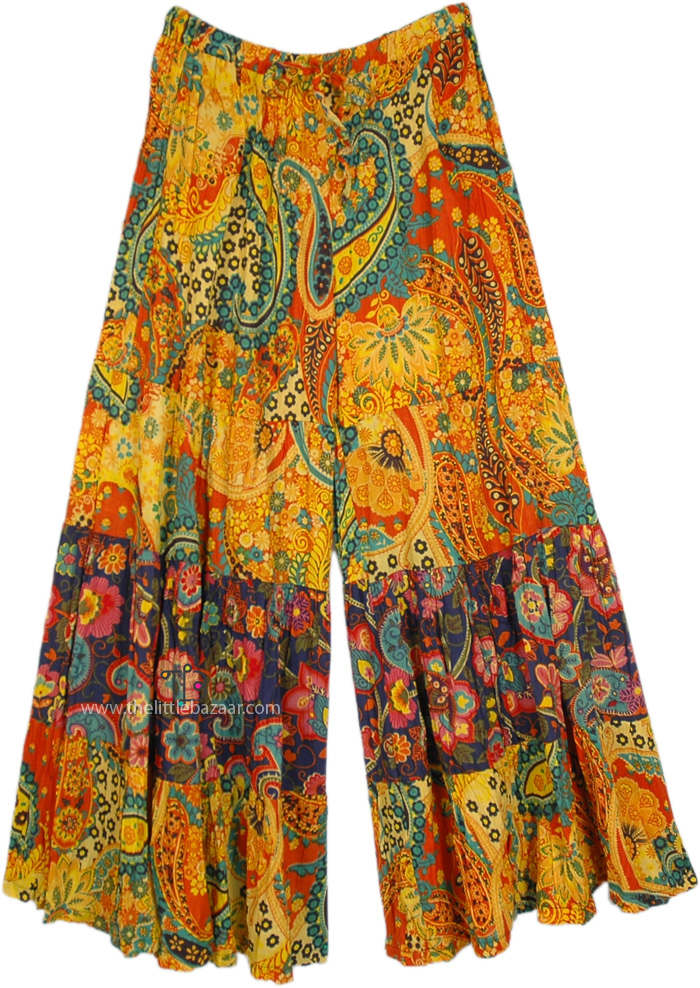 Yellow Floral Panels Wide Leg Cotton Pants
