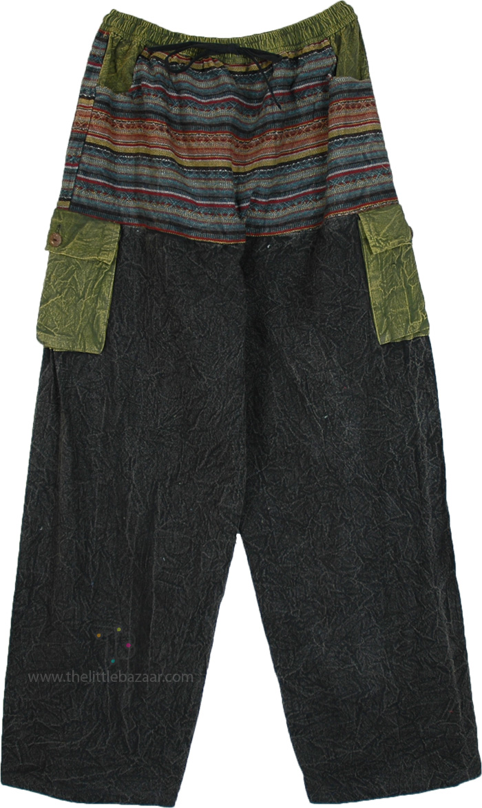 Olive and Black Wide-Leg Cotton Long Boho Trousers