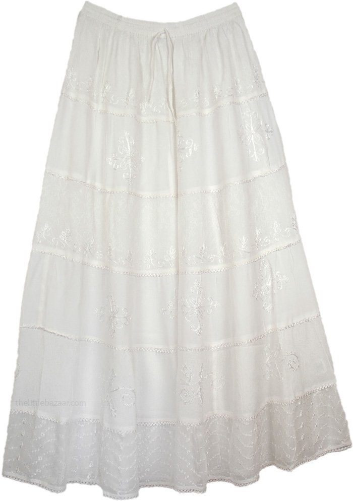 White Decor Crepe Maxi Skirt | White | Embroidered, Misses, Maxi Skirt