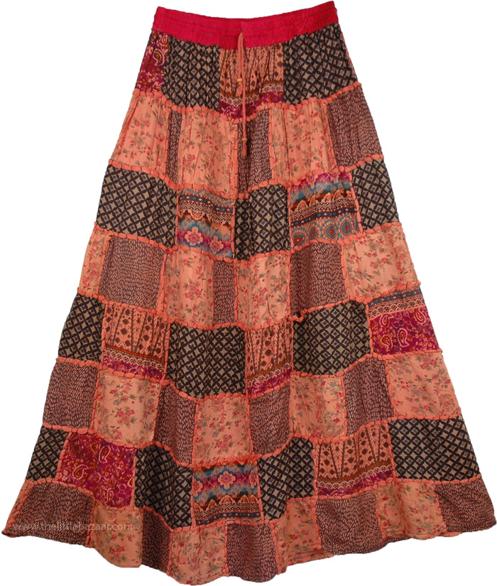 Flamed Apricot Patches Boho Long Skirt | Red | patchwork, Bohemian