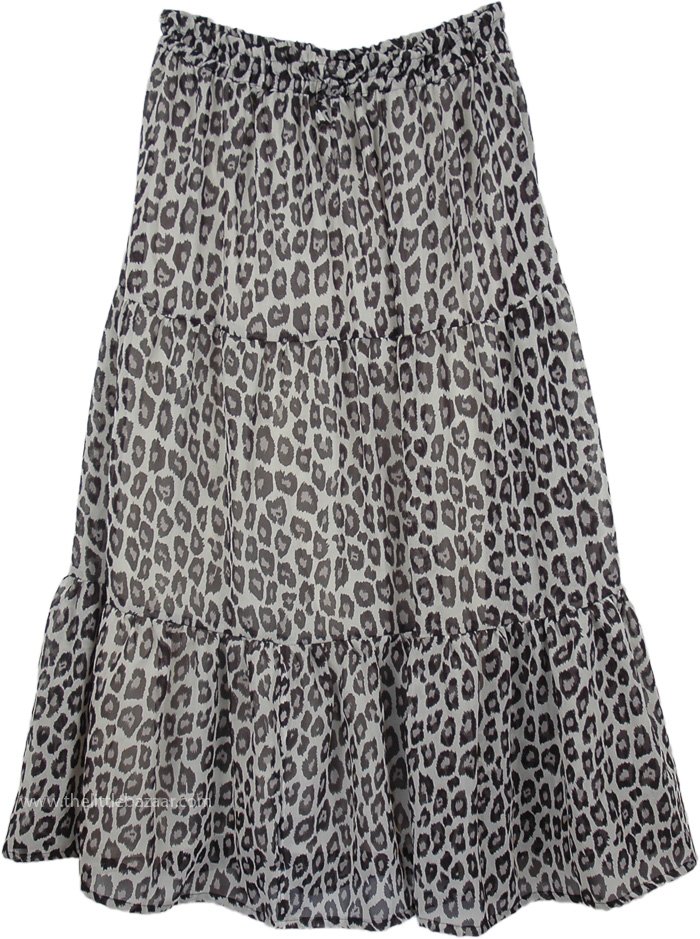 Black White Leopard Print Chiffon Long Skirt