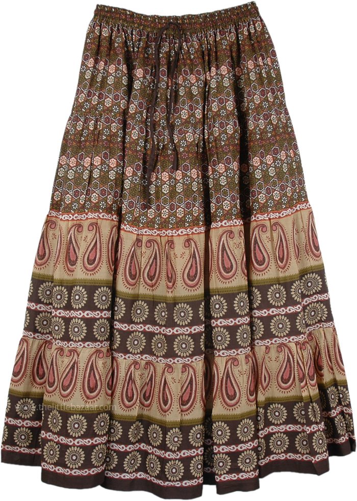 Tribal Printed Long Cotton Skirt | Brown | Printed, Fall