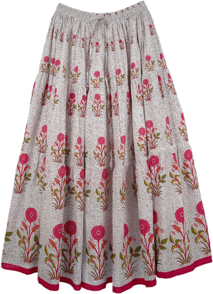 Lovsickle White Pink Floral Long Skirt | White | Printed