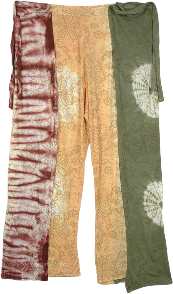 Floral Tricolor Tie Dyed Wrap Around Tie Palazzo Pants