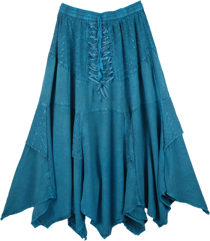 Handkerchief Hem Embroidered Teal Skirt