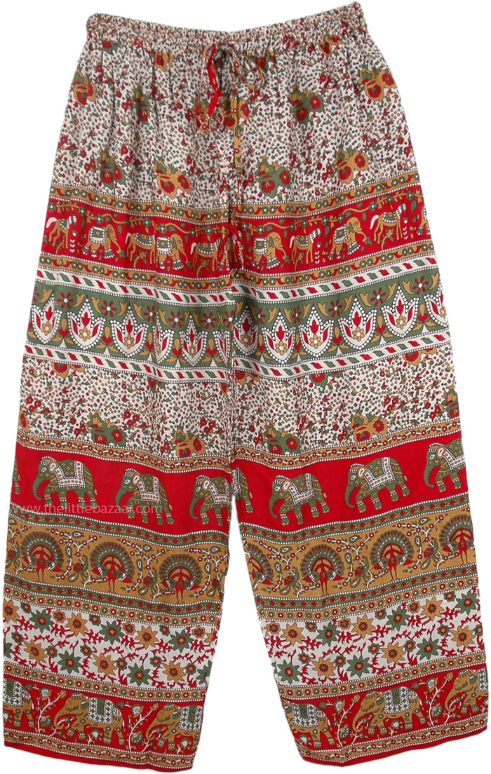 Wide Leg Red Elephant Printed Palazzo Pants