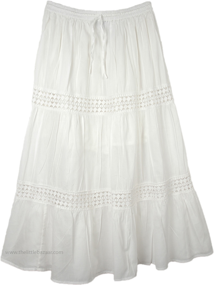 Snow White Summer Cotton Long Skirt | White-Skirts